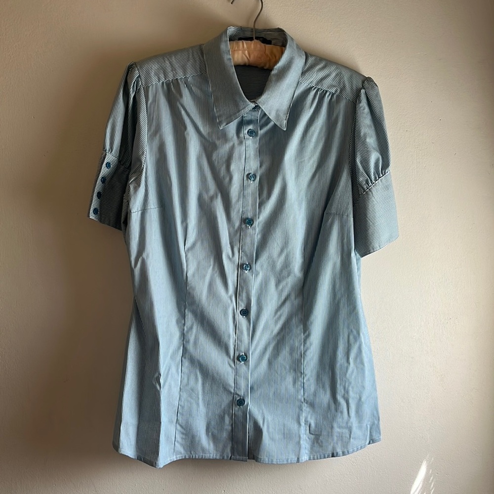 Apt. 9 Blue and white striped blouse with puff sleeves and wide cuffs Lg